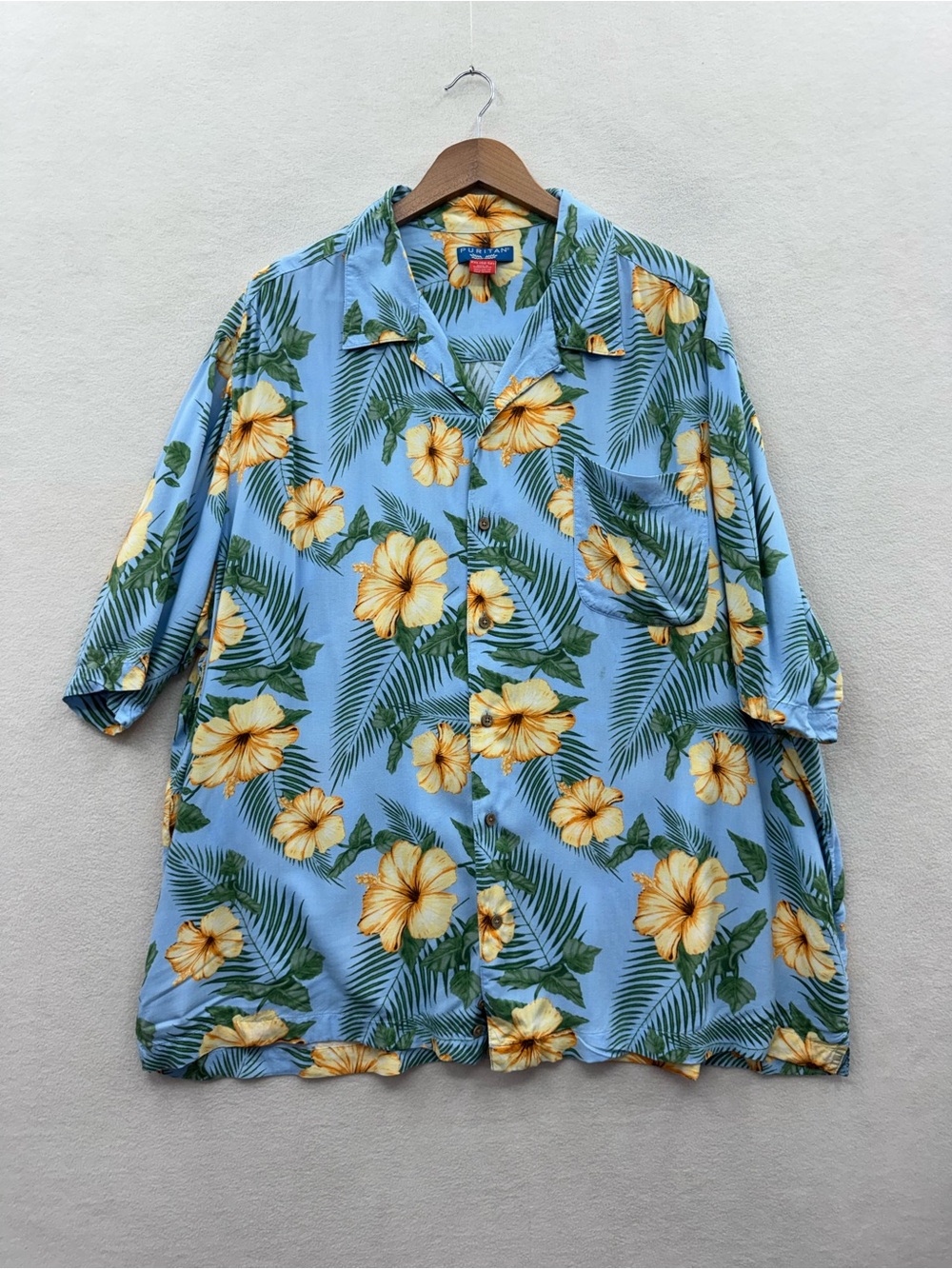 Puritan Men’s 2XL Hawaiian Button Up Shirt Blue Floral Rayon Short Sleeve